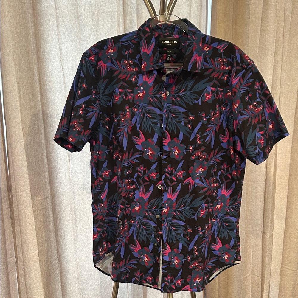 Bonobos Men's Black Shirt with Purple and pinkFloral Pattern. Slim‎ fit stretch.